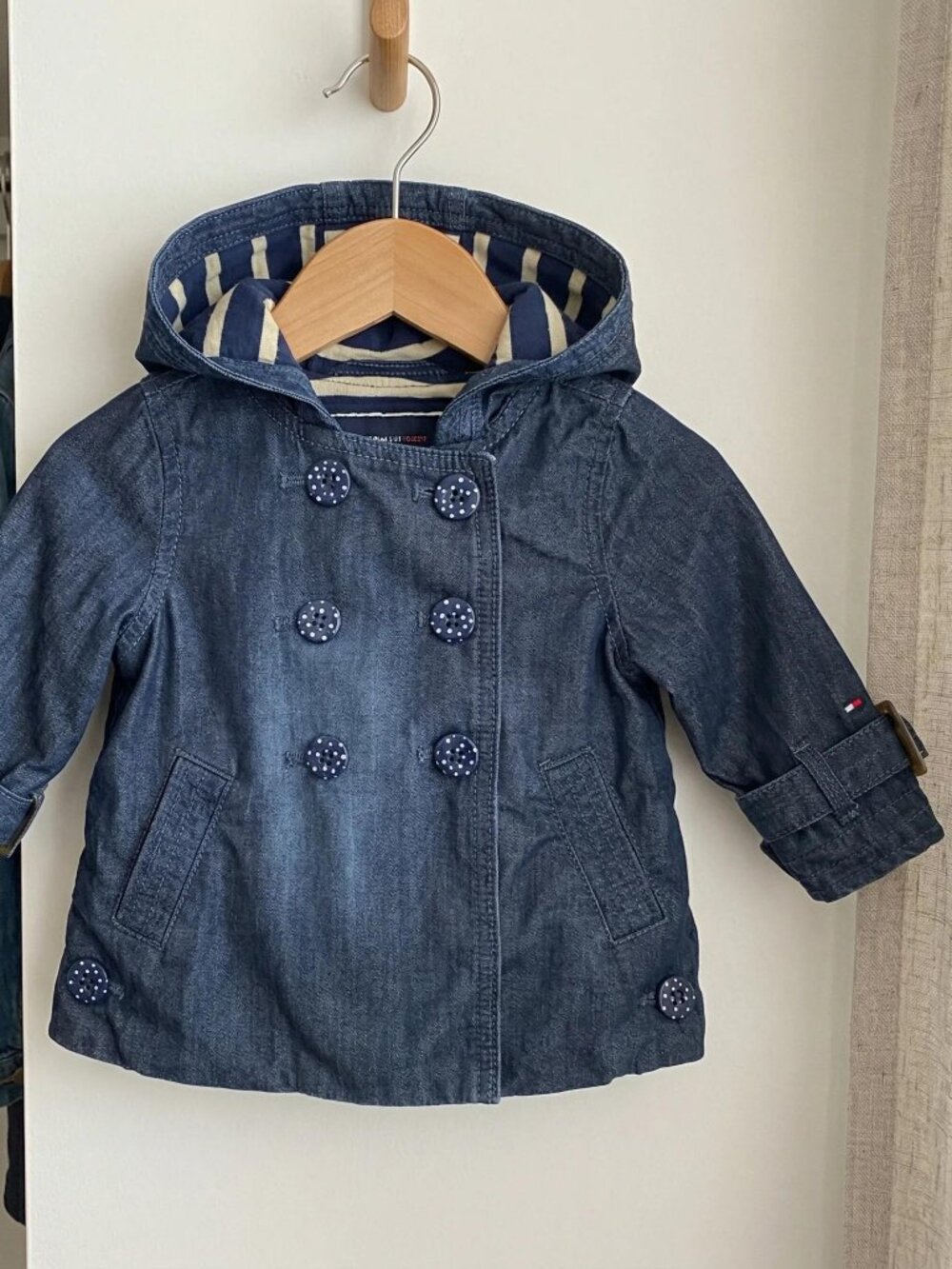 Tommy Hilfiger Baby Girls Hooded Denim Pea Coat Polka-Dot Buttons 6-9 Months